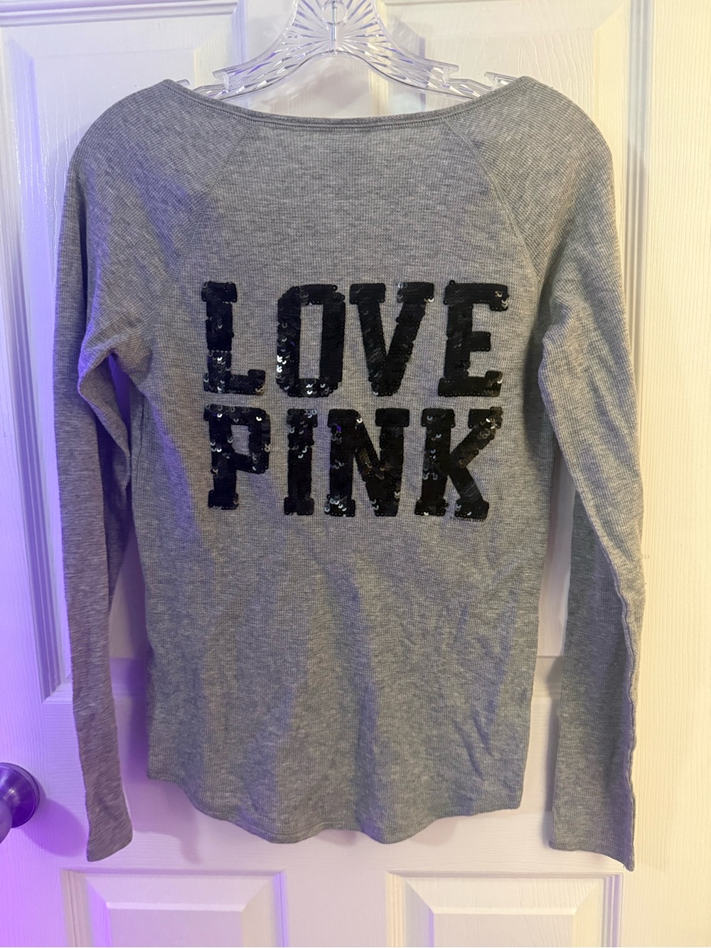 Victoria's Secret Gray Long Sleeve Tee with Black Sequin "LOVE PINK"